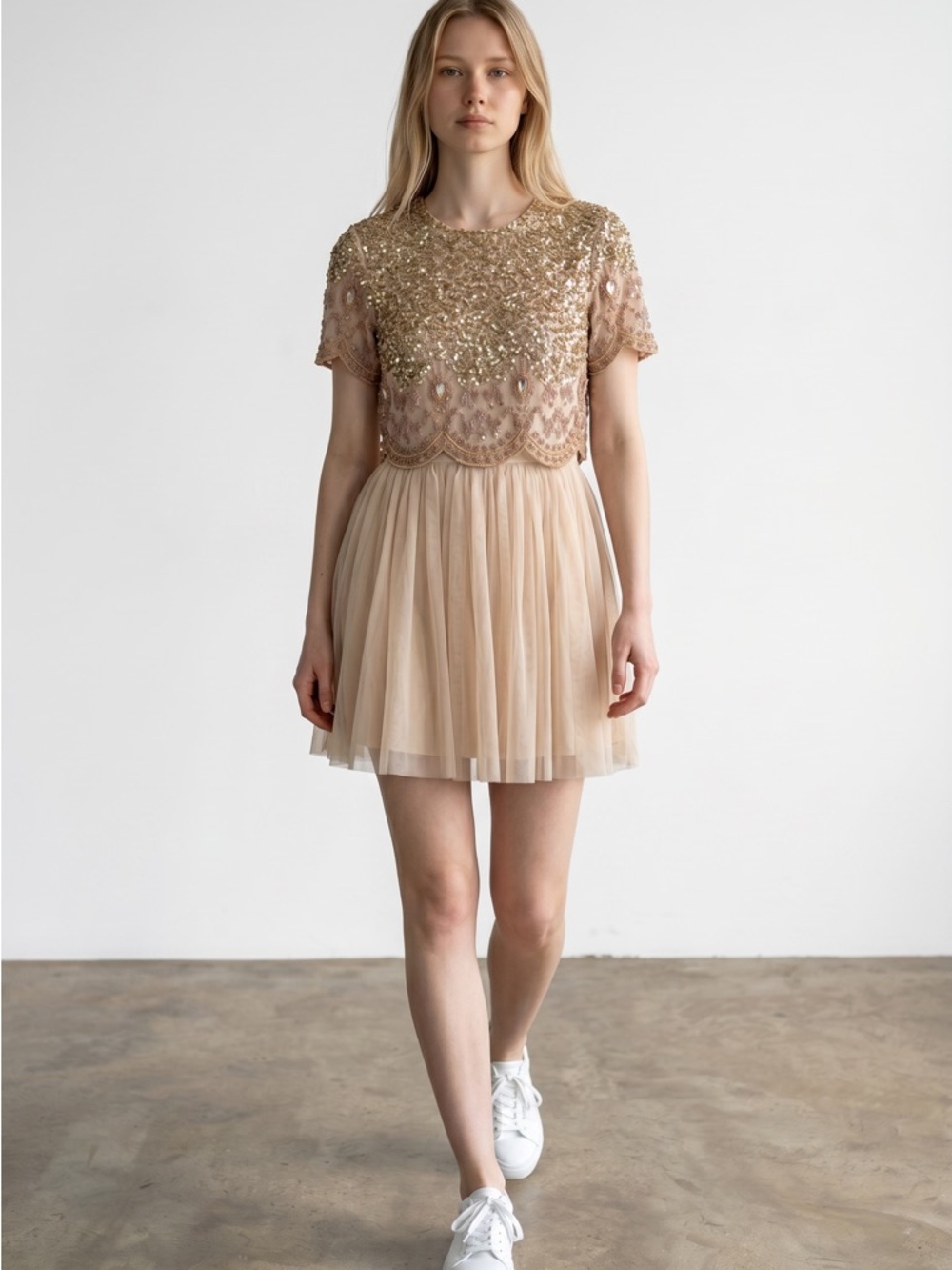 ASOS Blush Gold Embellished Tulle Mini Dress - Picture 1 of 9